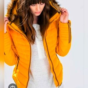 Women's Mustard Yellow Puffer Coat with Faux Fur Hood